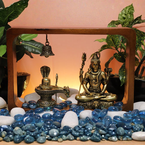 Brass Shiva Idol with Shiva Lingam in a Wooden Frame 8.25"- Decorative Piece