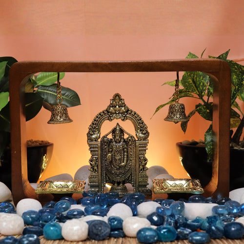 8.25" Brass Tirupati Balaji Idol in Wooden Frame with Hanging Bells