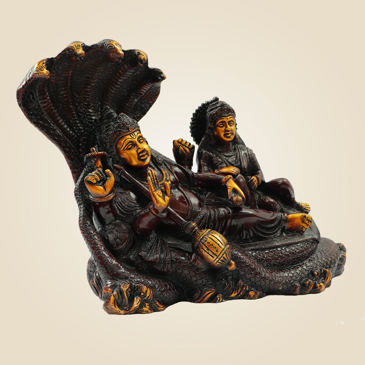 Handcrafted Brass Vishnu Laxmi Statue on Sheshnag – 9.5 Inch Idol