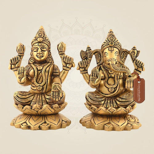 4" Brass Laxmi Ganesh Idol – Antique Design For Wealth and Blessings at Home
