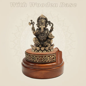 Brass Ganesh Murti Showpiece on Wooden Base Display Accent