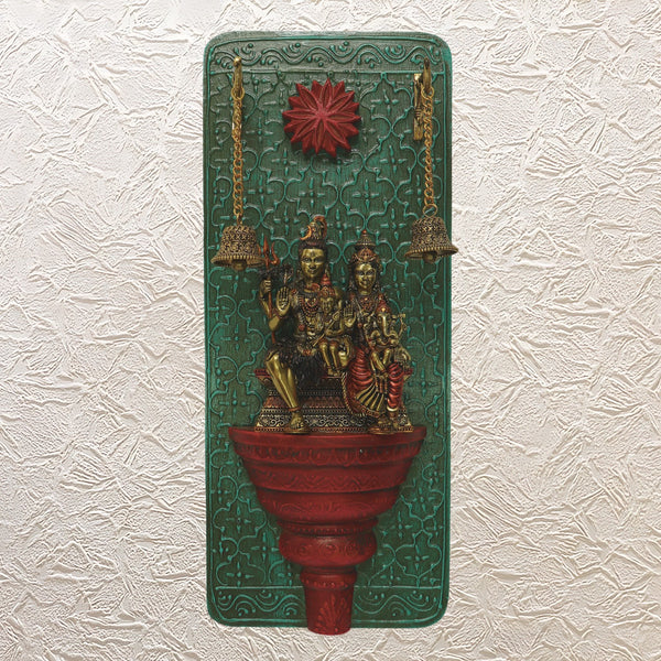 Brass Shiv Parivar Wall Hanging Idol 17" - Textured Wooden Frame with Bells