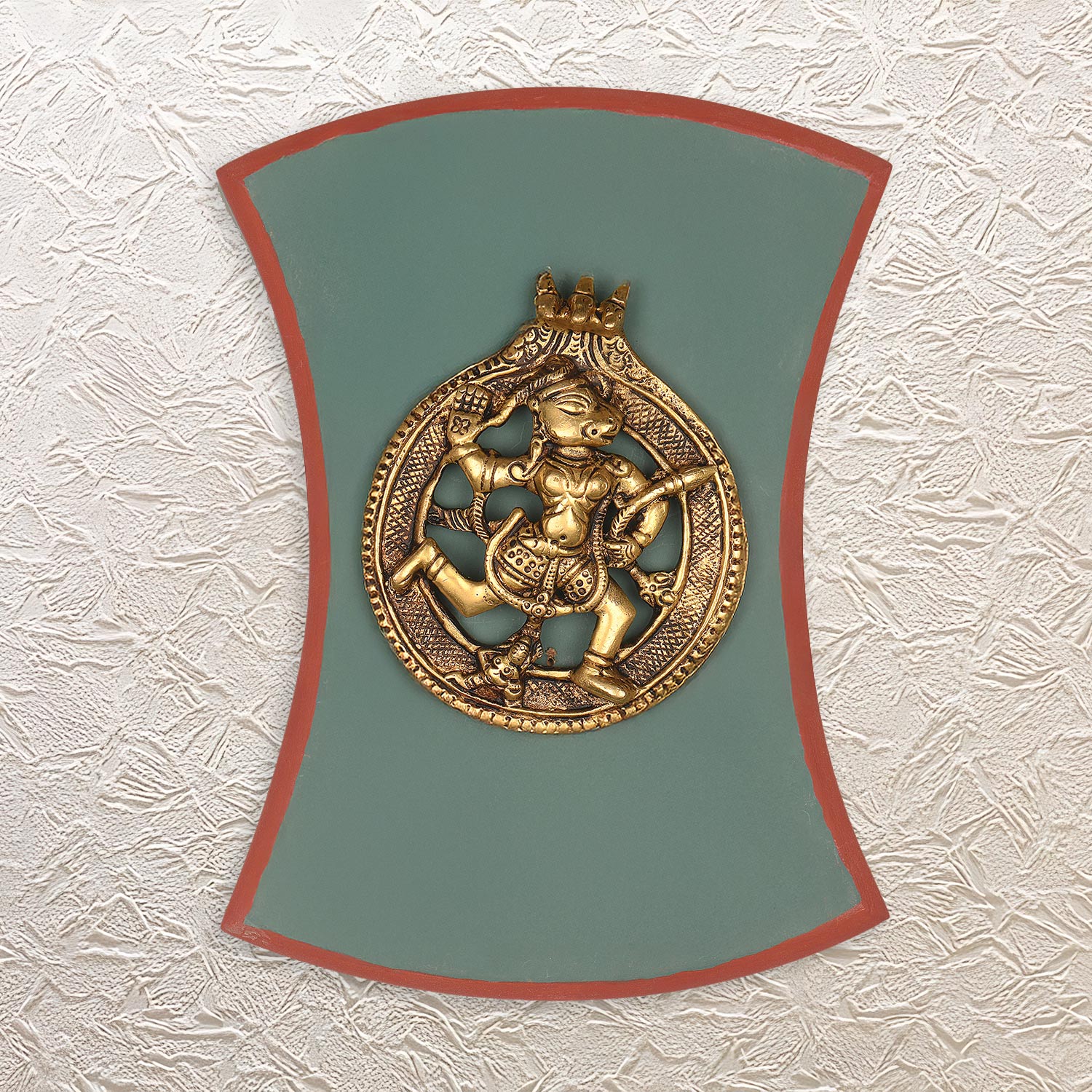 Lord Hanuman in Brass • 9.75" Wooden Wall Frame • Spiritual Home Decor
