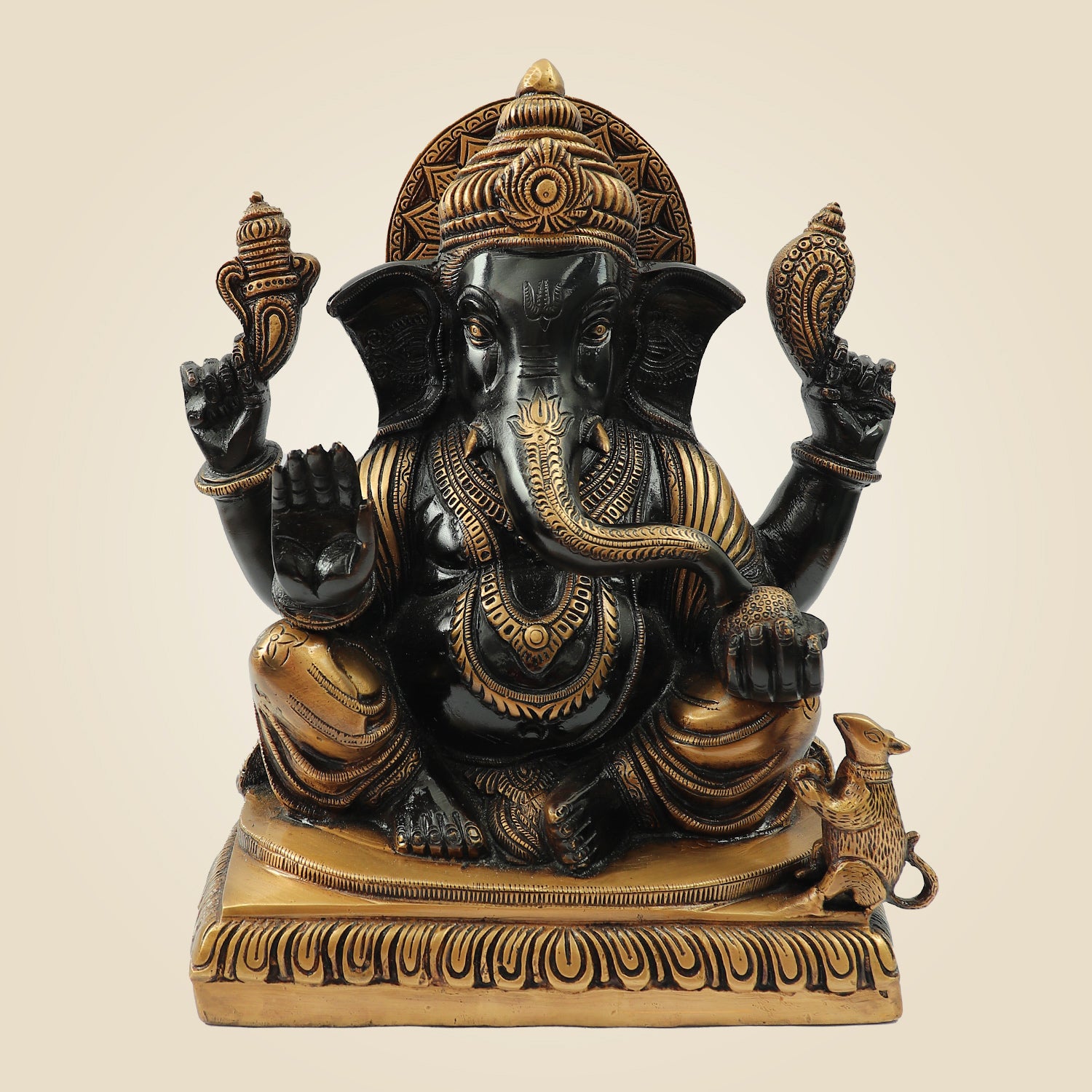 Blessing Surya Ganesh Brass Statue 11" – Black & Gold Handmade Pital Idol