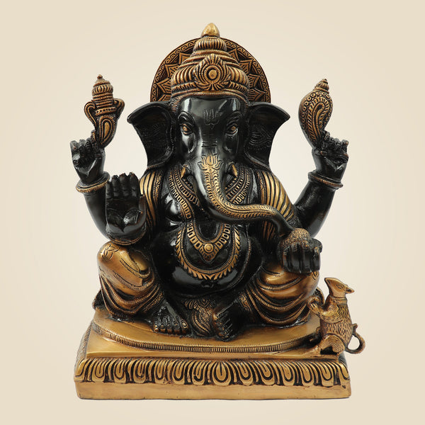Blessing Surya Ganesh Brass Statue 11" – Black & Gold Handmade Pital Idol
