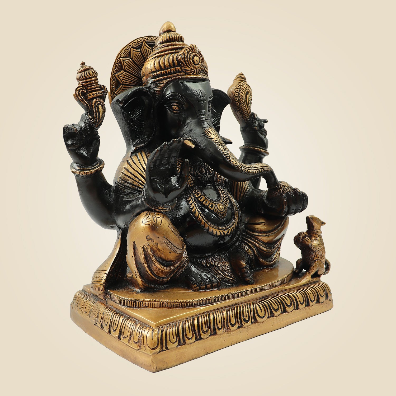 Blessing Surya Ganesh Brass Statue 11" – Black & Gold Handmade Pital Idol