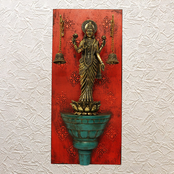 Goddess Lakshmi with Bells Brass Idol 18" - Hand-Painted Wall Frame Decor