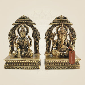 Lakshmi Ganesh Brass Murti 4" Set with Ornamental Prabhavali - Luxeartisanship