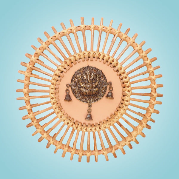 Brass Ganesha Wall Hanging Bell Art • Bamboo Wall Frame Décor Piece - 20"
