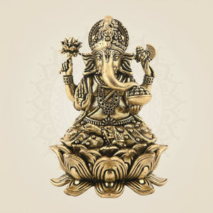 Brass Ganesha Idol – Seated on Lotus, Superfine Handcrafted & Lightweight