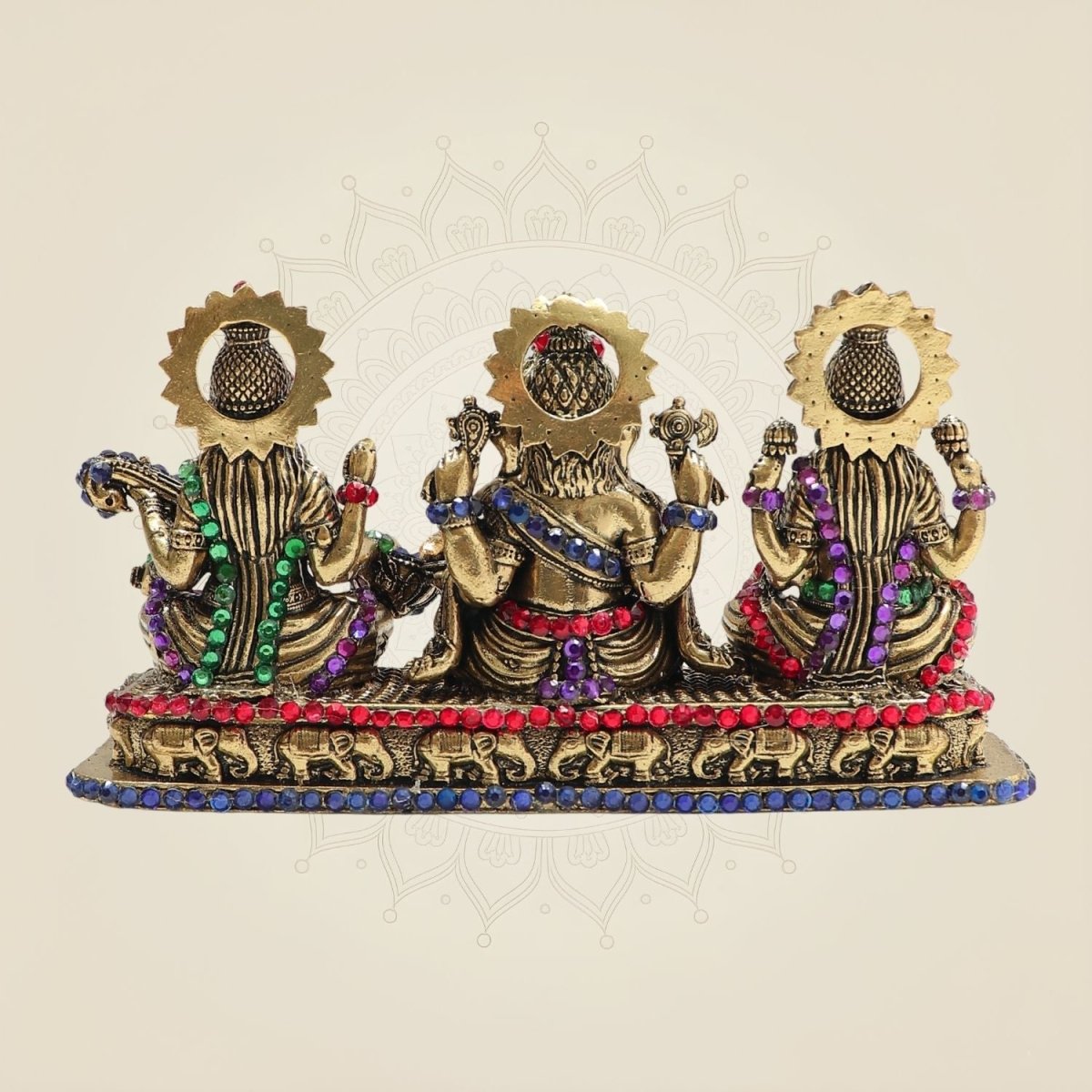 3" Brass Lakshmi Ganesha Saraswati Idol Featuring Vibrant Coloured Stone Work - Luxeartisanship