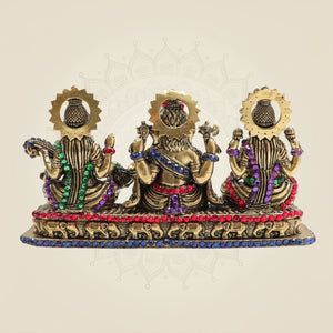 3" Brass Lakshmi Ganesha Saraswati Idol Featuring Vibrant Coloured Stone Work - Luxeartisanship