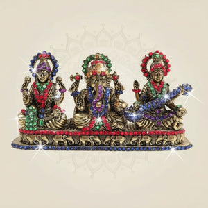 3" Brass Lakshmi Ganesha Saraswati Idol Featuring Vibrant Coloured Stone Work - Luxeartisanship