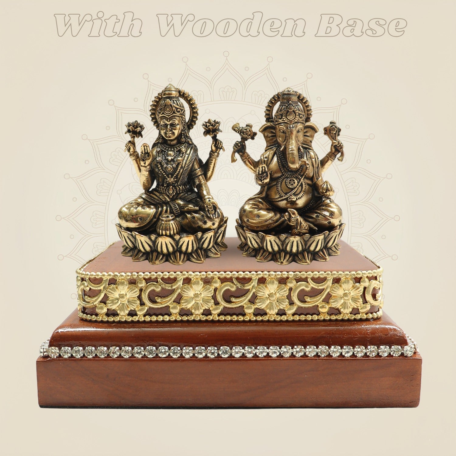 Brass Lakshmi Ganesh Idol on Square Wooden Base