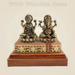 Laxmi Ganesh Brass Idol on Wooden Base