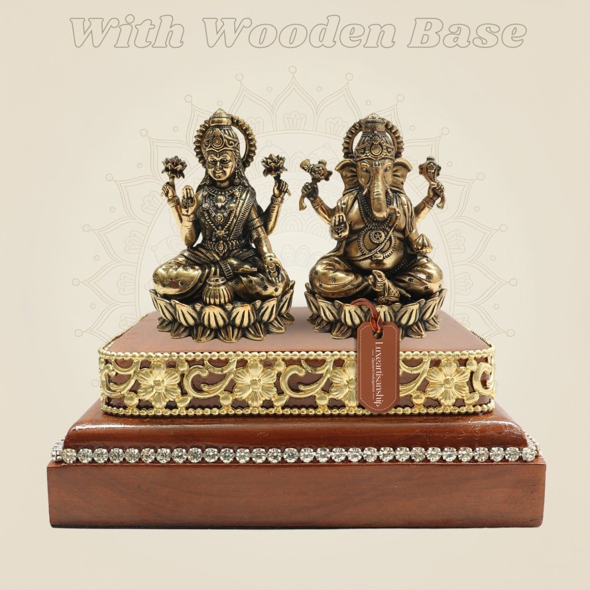 Brass Lakshmi Ganesh Idol on Square Wooden Base