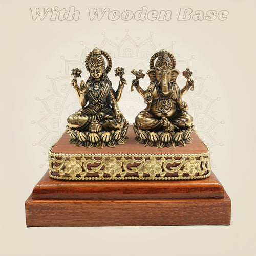 3" Laxmi Ganesh Brass Idol Pair on Square Wooden Base