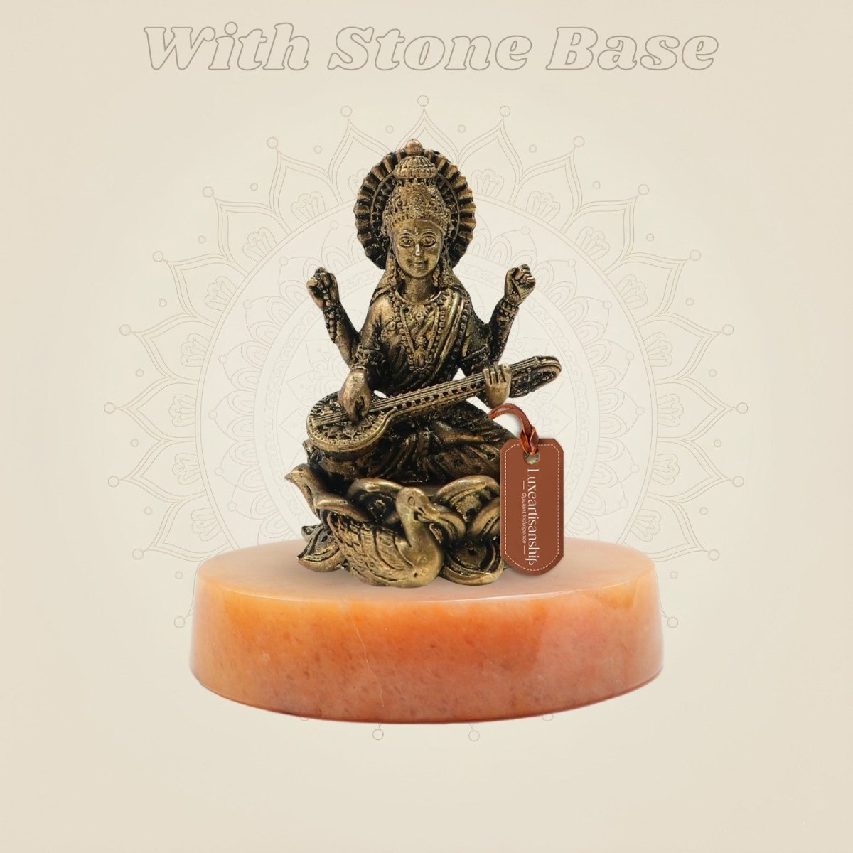 Bronze Chaturbhuja Saraswati Idol on Lotus on yellow stone