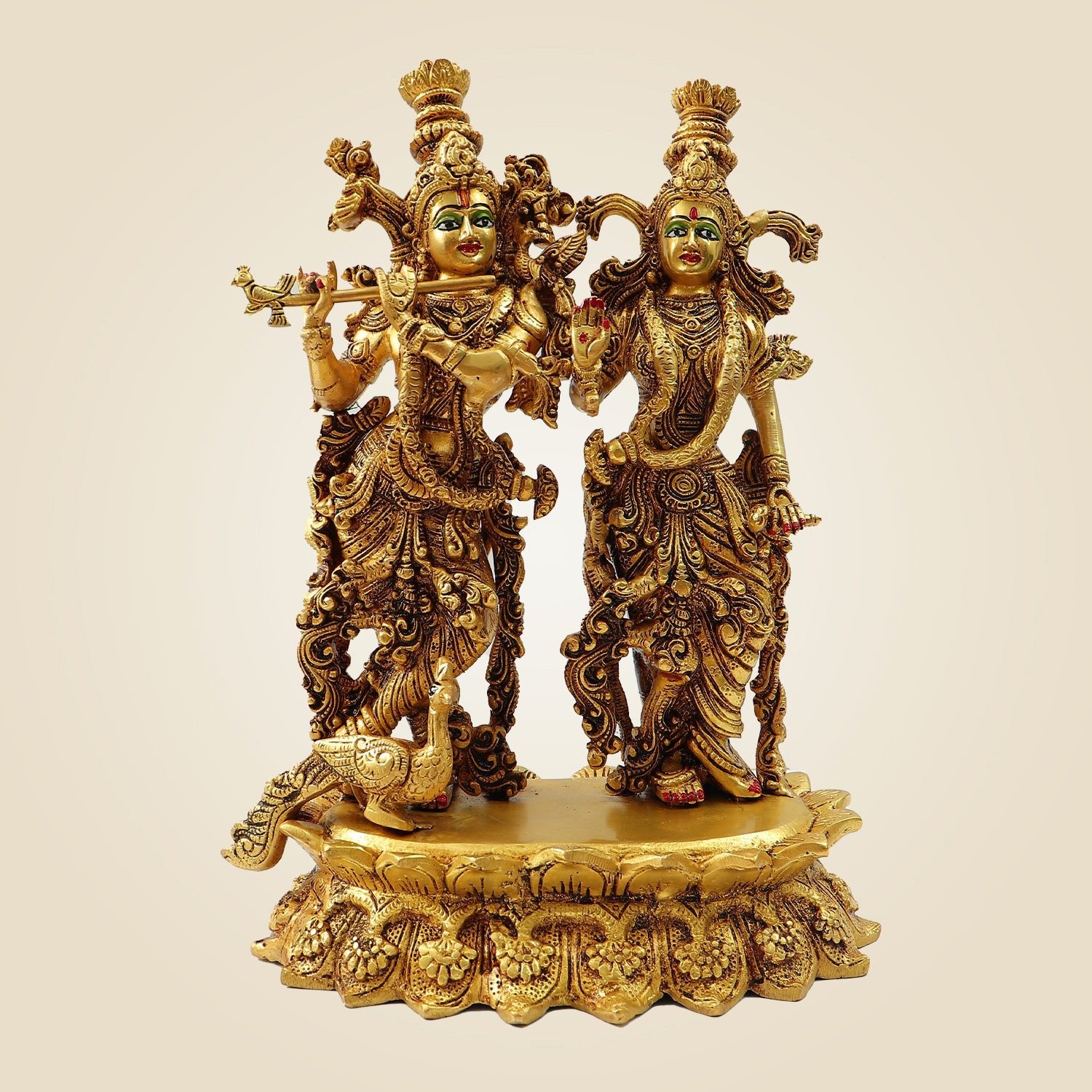 South Indian Style Radha Krishna Brass Idol with Peacock – Divine Décor Statue 13.5"