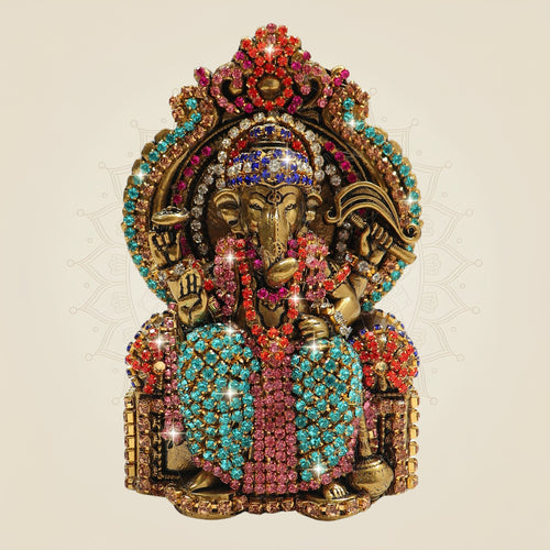 4″ Chaturbhuj Ganesh Brass Idol on Singhasan with Fine Rhinestone Stone Work