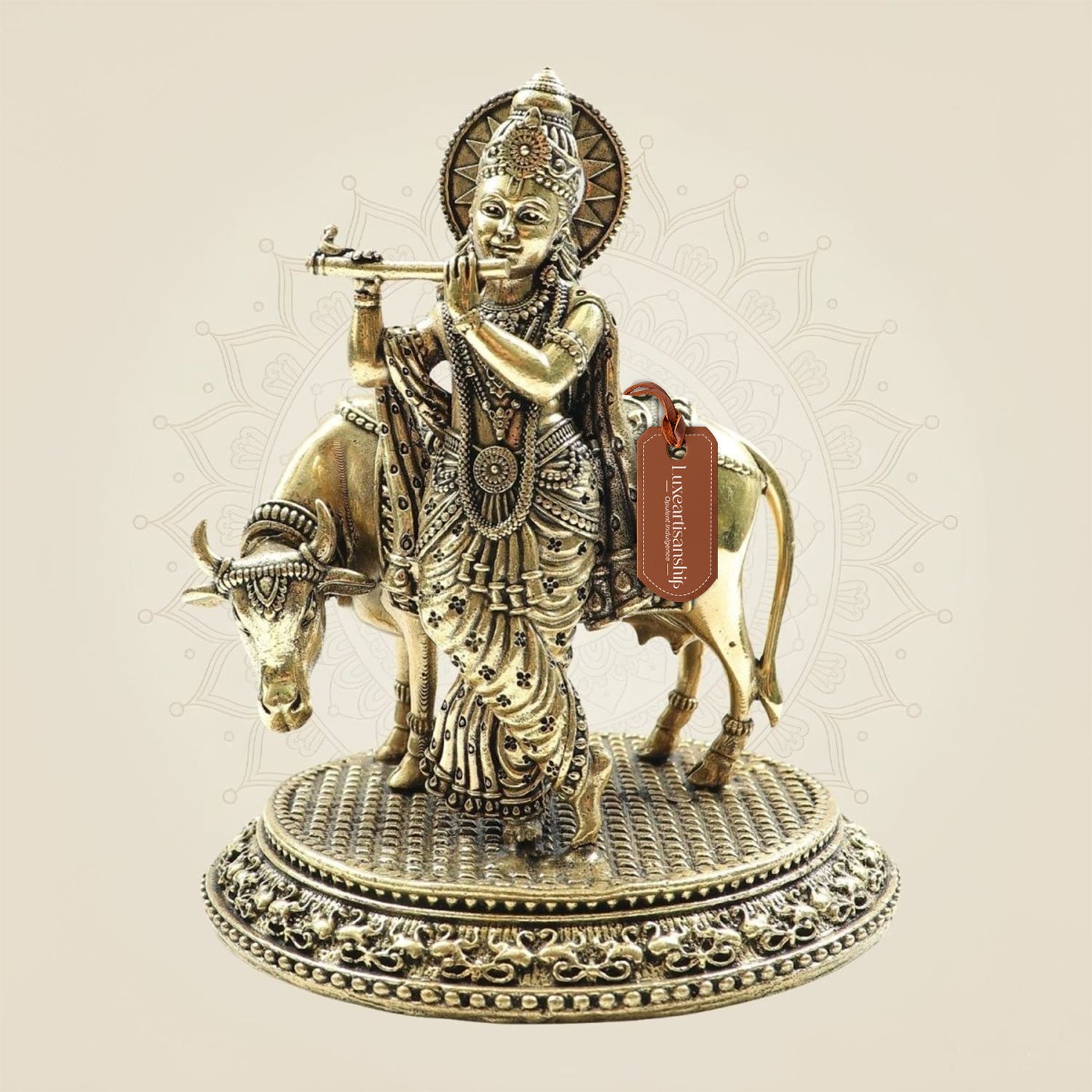 Krishna with Cow Brass Idol – Flute Playing Divine Murti - 5"
