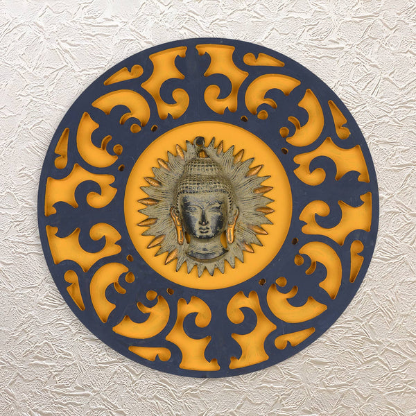 Antique Buddha Sun Mask in Brass with Decorative Wooden Wall Frame Spiritual Touch