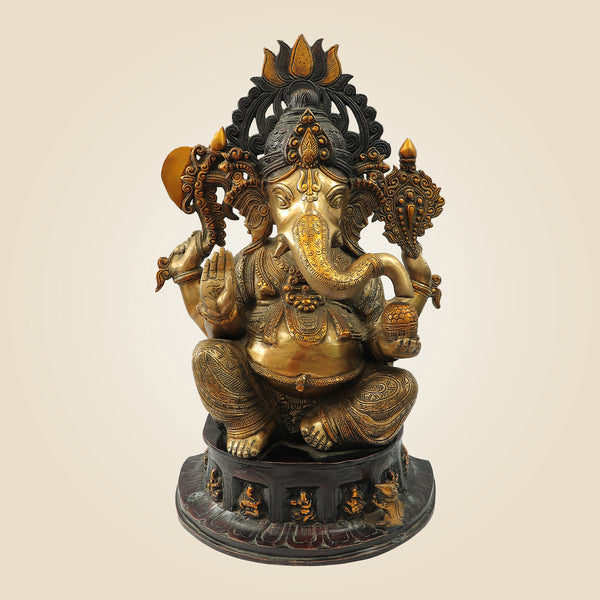 Seated Chaturbhuja Lord Ganesha Idol in Brass – Handmade Temple Statue 22.25"