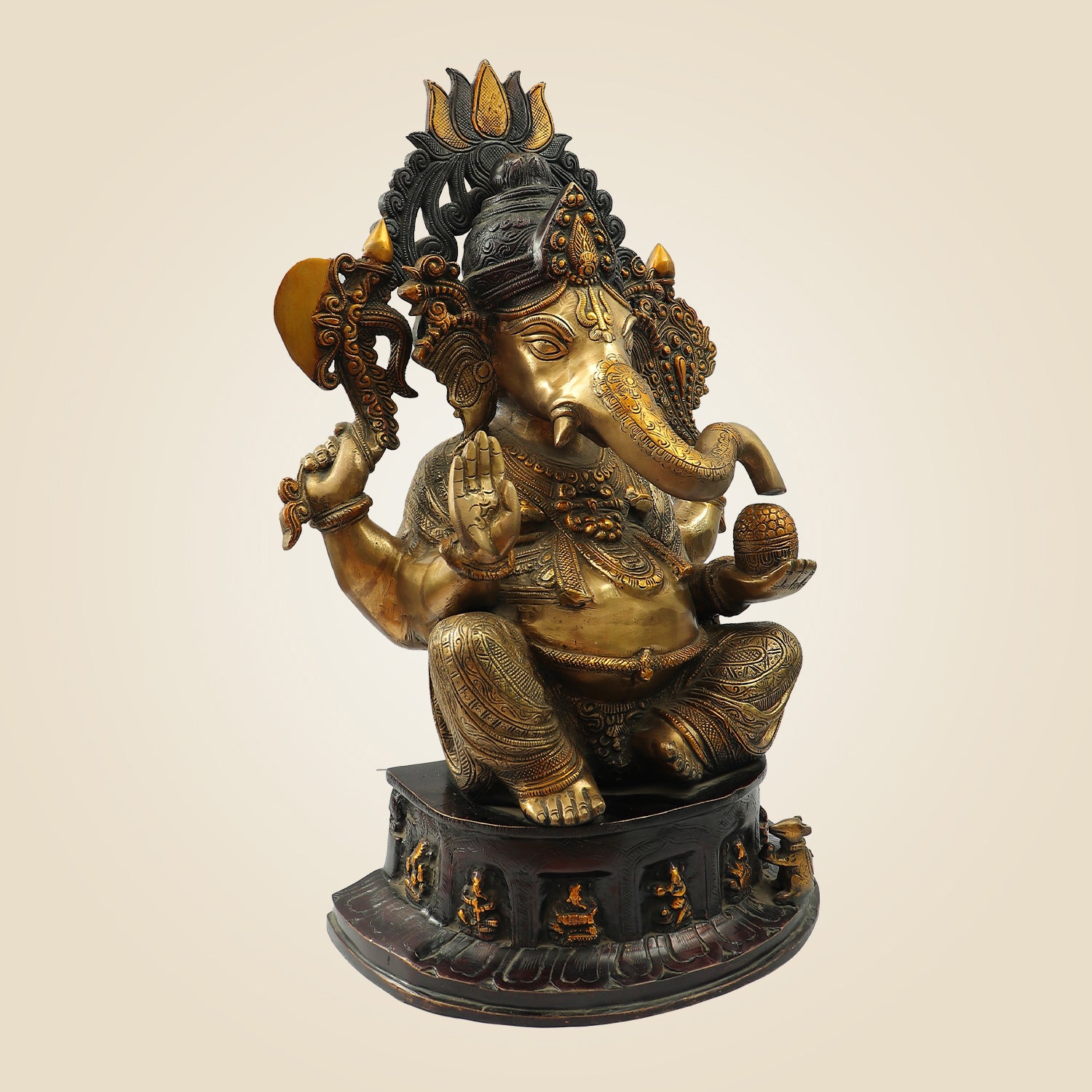 Seated Chaturbhuja Lord Ganesha Idol in Brass – Handmade Temple Statue 22.25"
