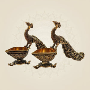 3.25" Peacock with Brass Diya for Temple, Home & Festive Lighting - Luxeartisanship