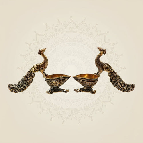 3.25" Peacock with Brass Diya for Temple, Home & Festive Lighting