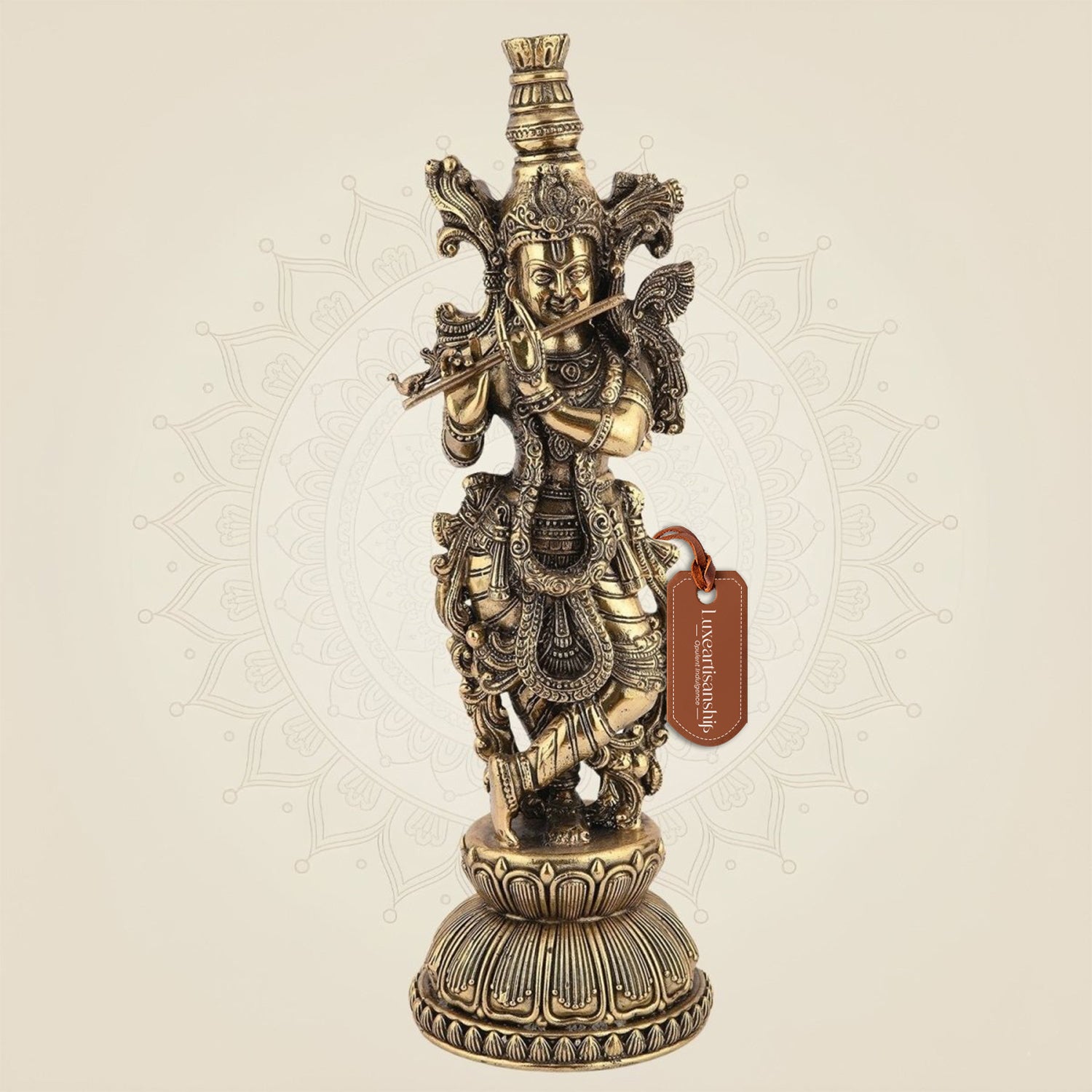 Brass Krishna Idol 8.75" – Handcrafted God Statue for Home Temple Decor - Luxeartisanship