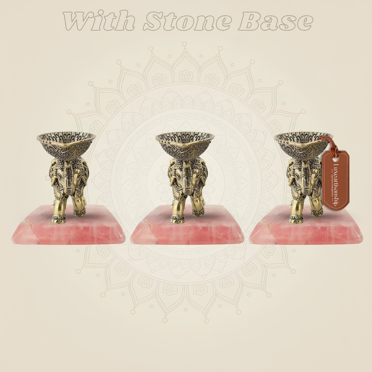 Set of 3 Elephant Diya on stone base