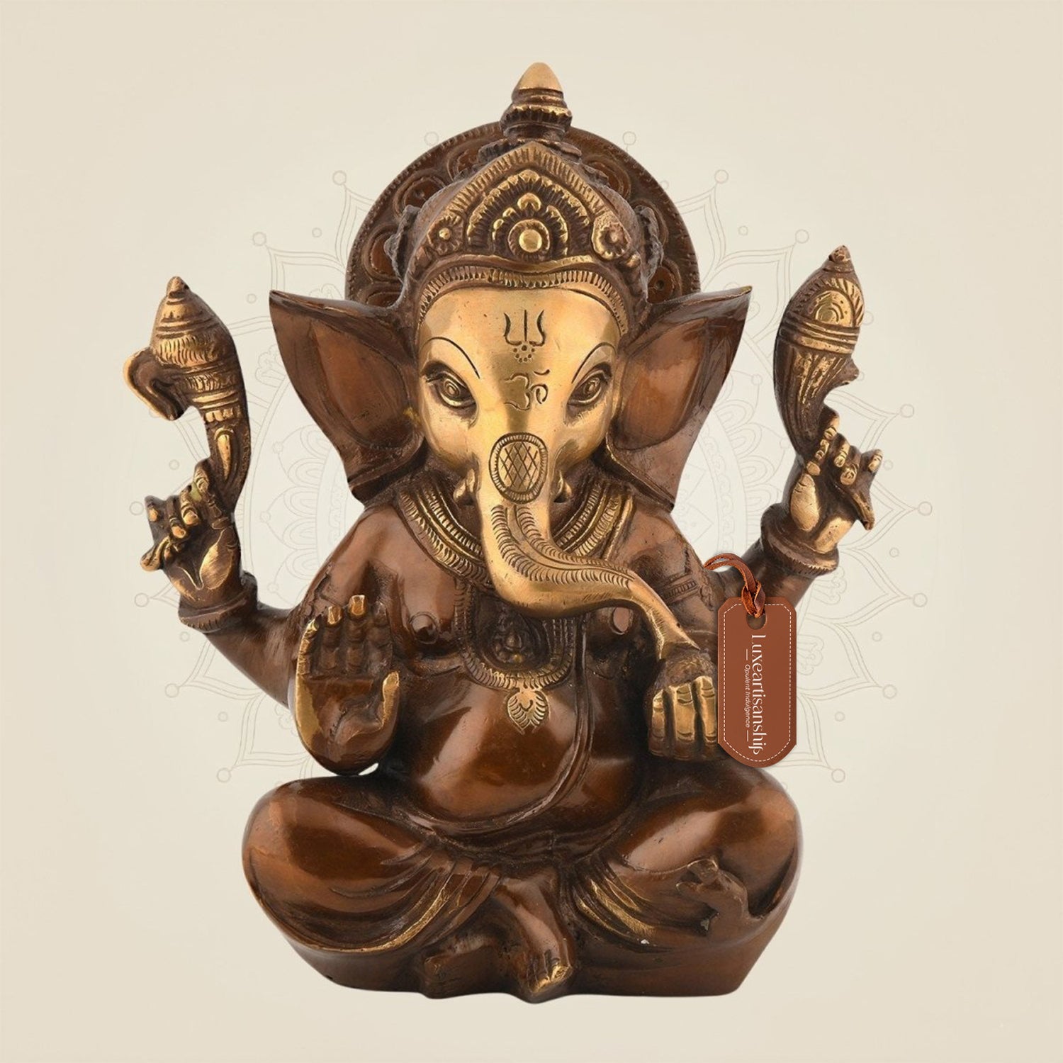Brass Ganesha Idol Enjoying Modak 7.75"