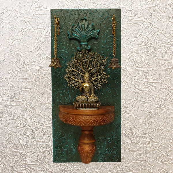 Brass Buddha Idol • Handmade Wooden Wall Frame with Bells for Zen Decor -18"