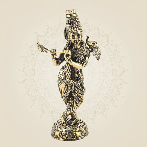 Pure Brass Krishna Playing Flute Idol – Spiritual Decor & Gift Showpiece 6.5