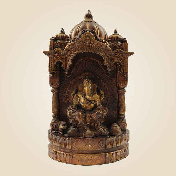 16.5" Seated Brass Ganesh Idol Big Size in Carved Mandap Design | Divine Home Decor