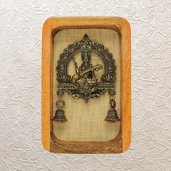 Saraswati Maa Brass Wall Hanging in Wooden Frame with Bells Décor - 9"