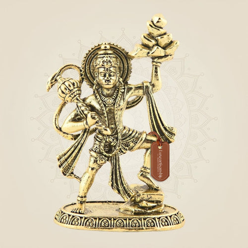 Brass Hanuman Lifting Sanjeevani Mountain – 3″ - Superfine Miniature Idol