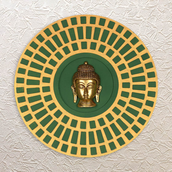 Buddha Face Brass Mask in Handcrafted Wooden Wall Frame 15"• Best for Calm Home Ambience