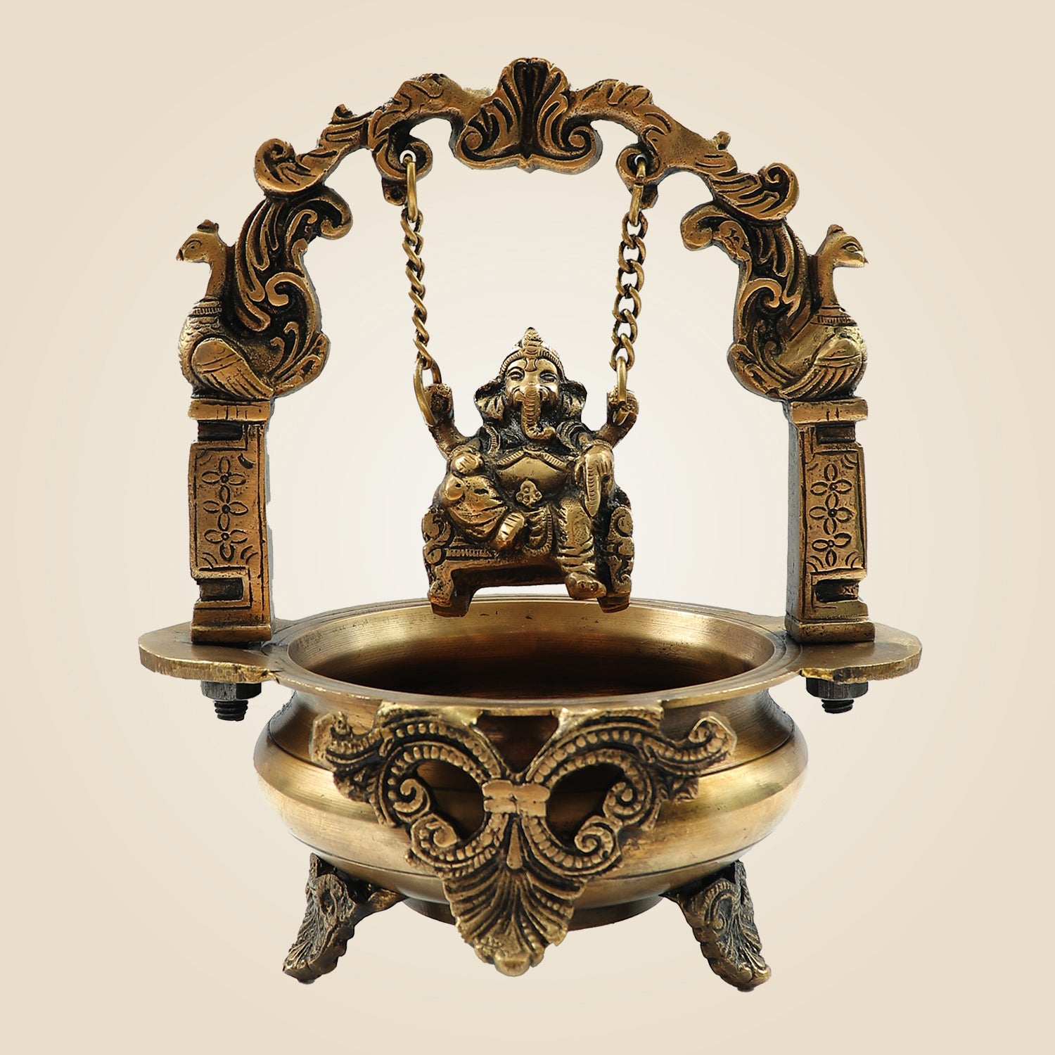 Elegant Brass Ganesh Idol on Jula Swing with Urli for Home & Gift Decor - 9.25"