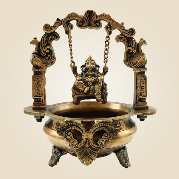 Elegant Brass Ganesh Idol on Jula Swing with Urli for Home & Gift Decor - 9.25"