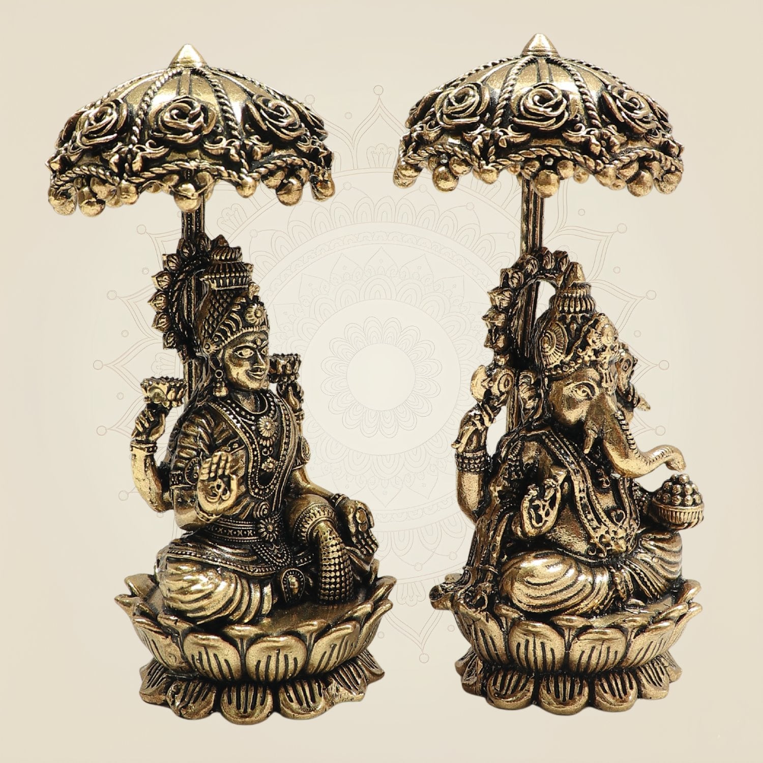 4.5" Umbrella Brass Laxmi Ganesh Idol Pair | Auspicious Vastu Decor