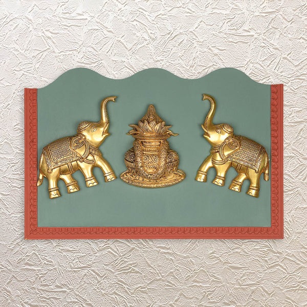 Brass Elephant Pair with Kalash in Wooden Wall Frame 16" Ethnic Home Accent