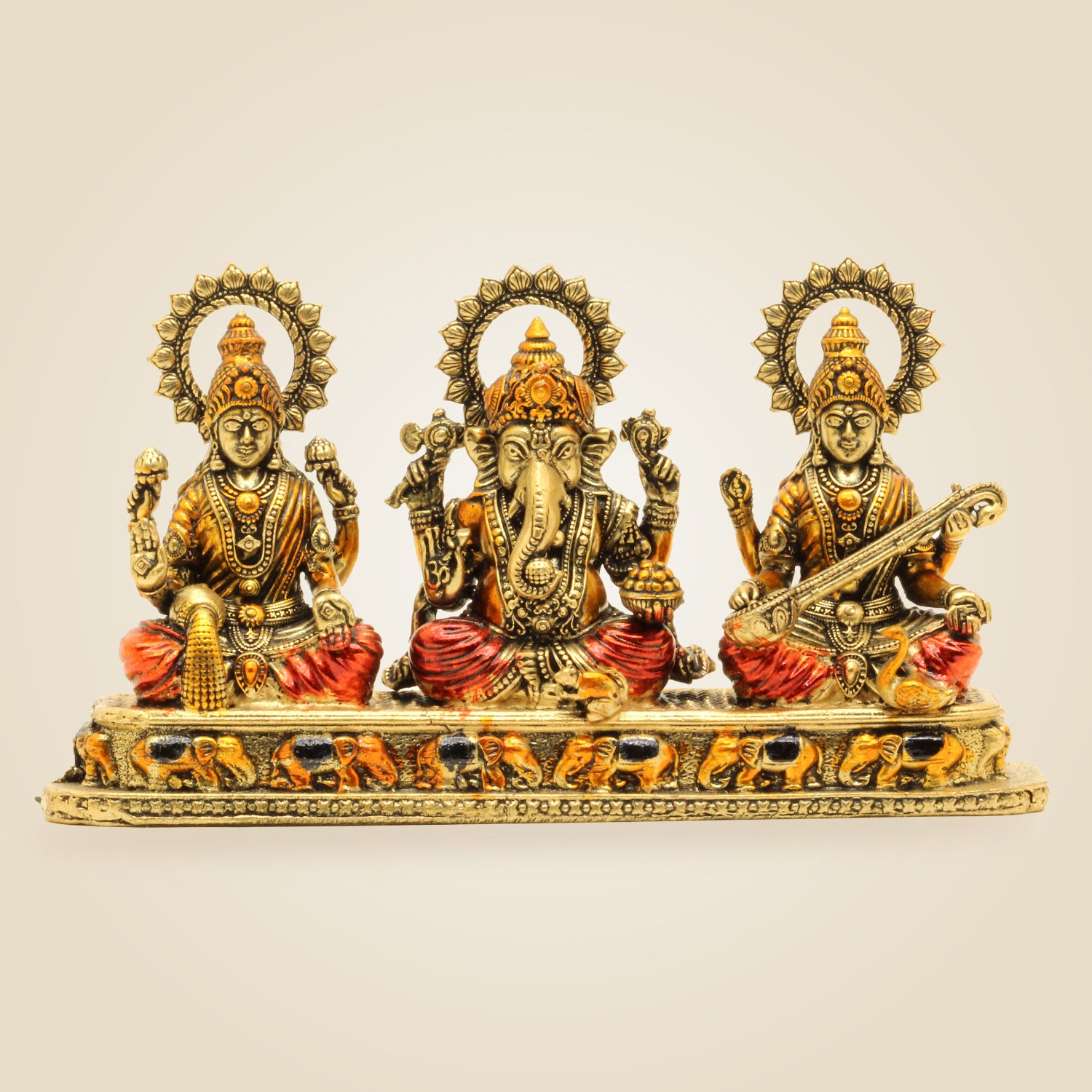 Brass Ganesh Lakshmi Saraswati Idol Set | Divine Hindu God Statue for Pooja & Home Decor 4" - Luxeartisanship