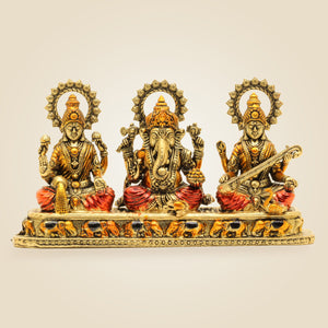 Brass Ganesh Lakshmi Saraswati Idol Set | Divine Hindu God Statue for Pooja & Home Decor 4" - Luxeartisanship