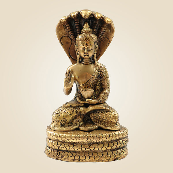 Serene Brass Buddha under Naga Hood – Spiritual Idol for Home & Temple 7.75"