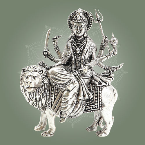 Sherawali Durga Maa Brass Idol with Sterling Silver Finish 6"