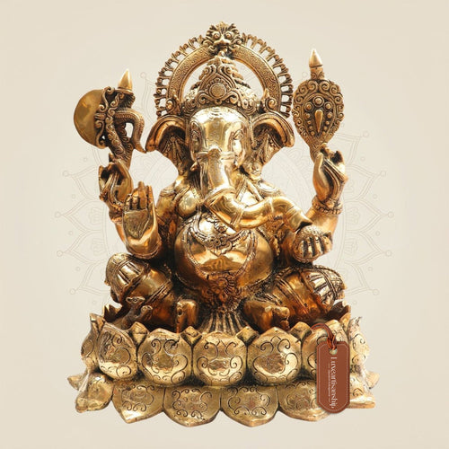 19" Big Size Brass Ganesha Idol on Lotus Base for Worship