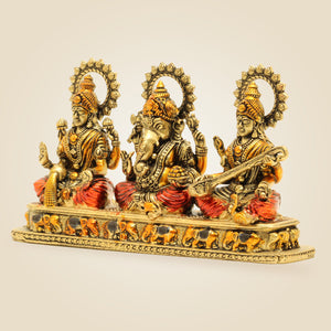 Brass Ganesh Lakshmi Saraswati Idol Set | Divine Hindu God Statue for Pooja & Home Decor 4" - Luxeartisanship