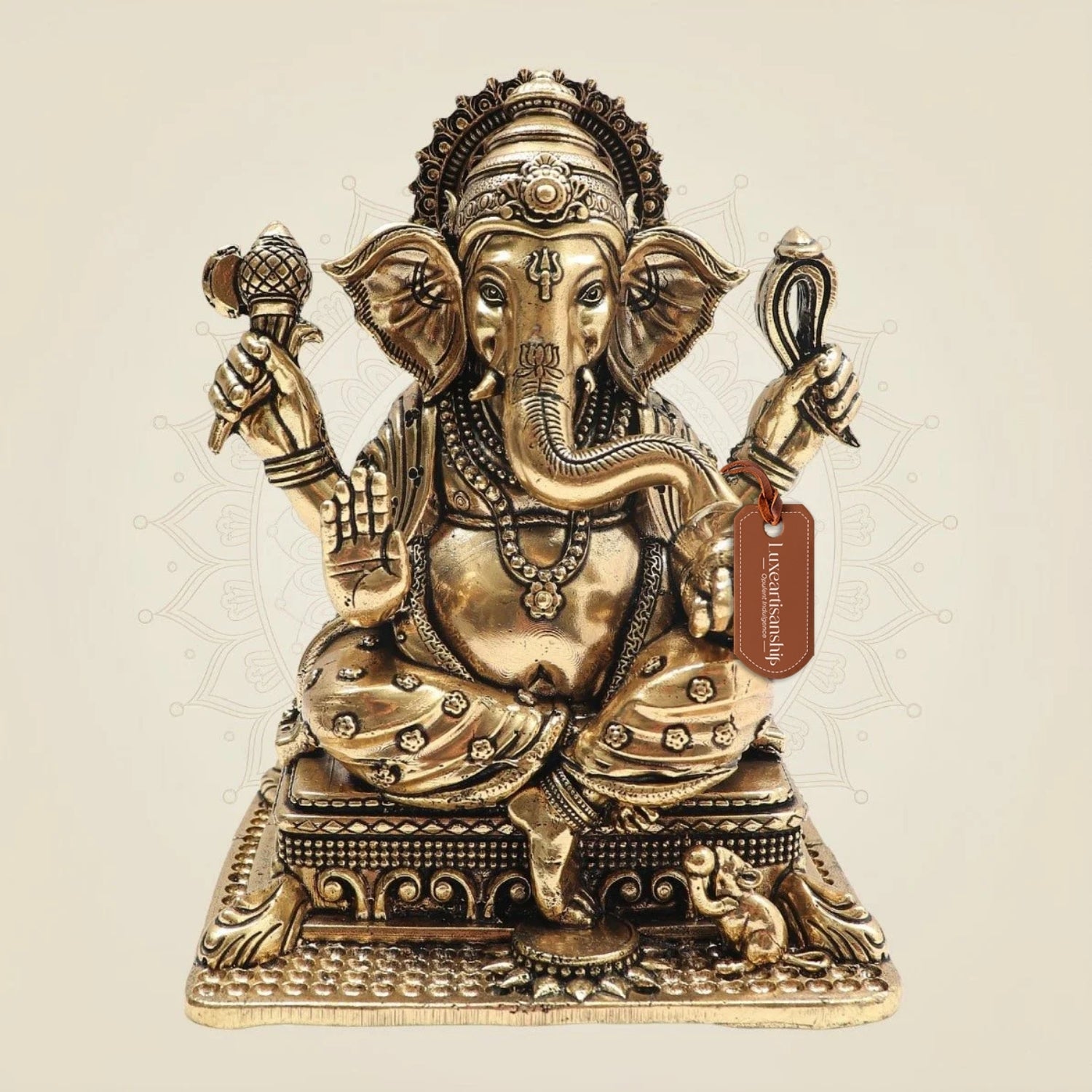 Premium Brass Ganesha on Singhasan Idol 6" with Royal Seating - Luxeartisanship